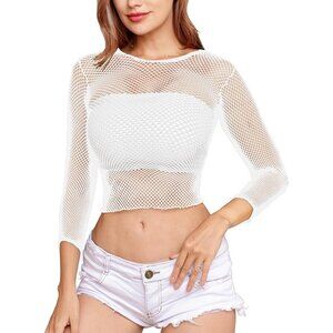 🆕 Women White Fishnet Long Sleeve Crop Top Mini Lingerie Mesh Babydolls Chemise